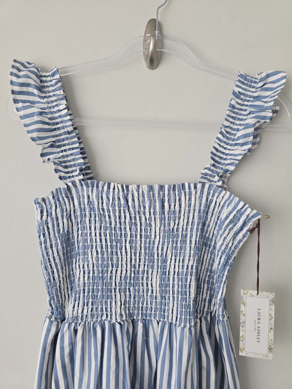 Laura Ashley Smoked Striped Midi Dress S Ruffle Sleeves Blue NWT - Picture 5 of 8